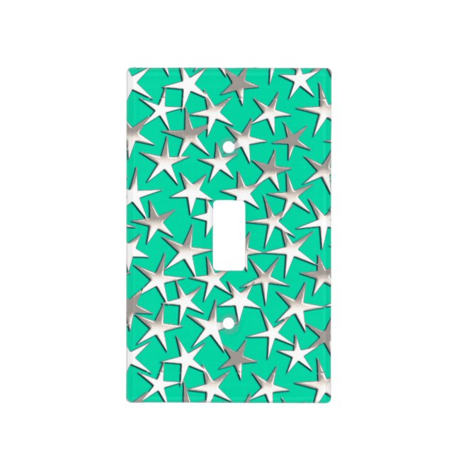 Silver stars on turquoise light switch cover (Front)