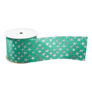 Silver Stars on Turquoise Satin Ribbon