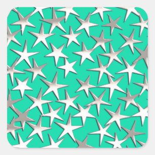 Silver stars on turquoise square sticker