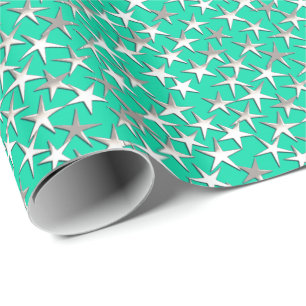 Silver stars on turquoise wrapping paper
