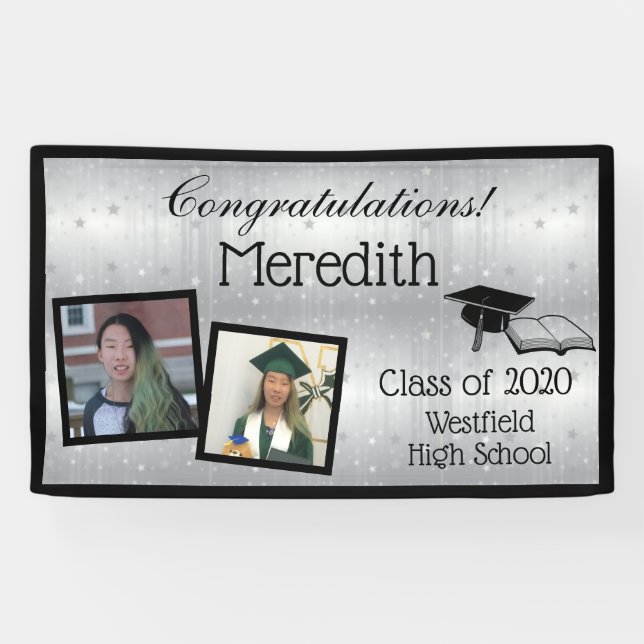 Silver Stars Personalized Two Photo Graduation Banner (Horizontal)