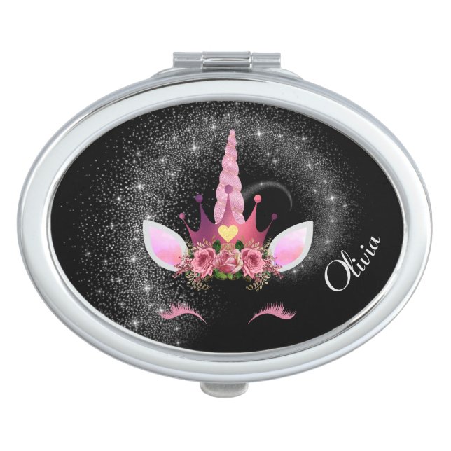 Silver Stars Pink Floral Unicorn Face Sparkle Compact Mirror (Front)