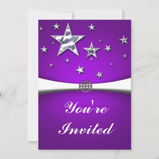 Silver Stars Purple Party Invitation (Front)