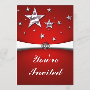 Silver Stars Red Party Invitation by sagart1952 at Zazzle