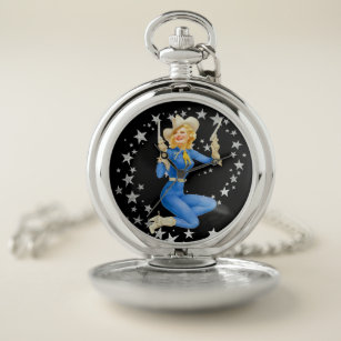 Silver Stars Retro Cowgirl Pinup Pocket Watch