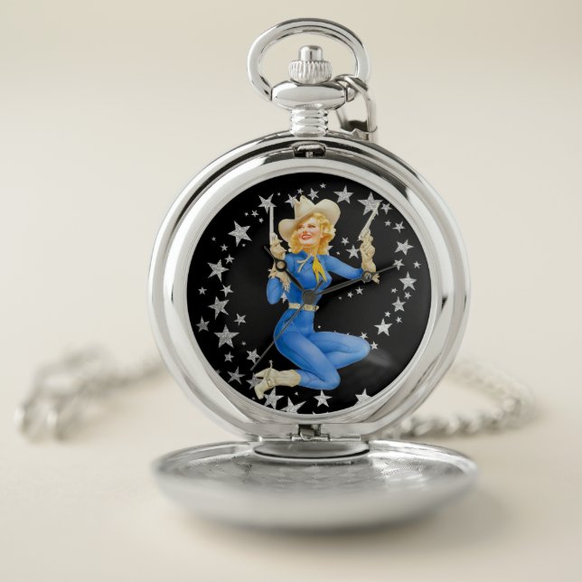 Silver Stars Retro Cowgirl Pinup Pocket Watch (Inside)