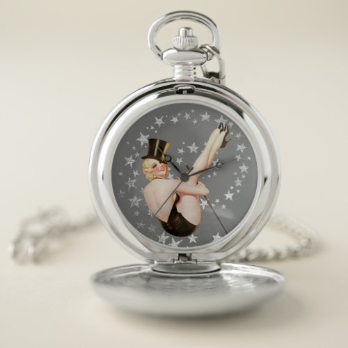 Silver Stars Retro Tophat Girl Pinup Pocket Watch