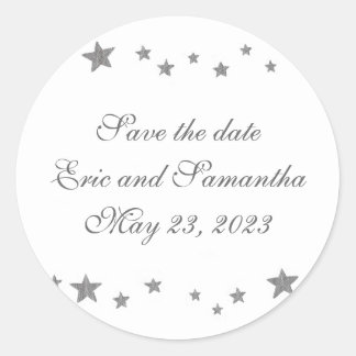 Silver Stars, Save the date stickers, weddings Classic Round Sticker