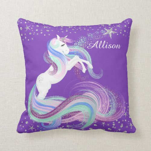 Silver Stars Sparkle Unicorn Throw Pillow