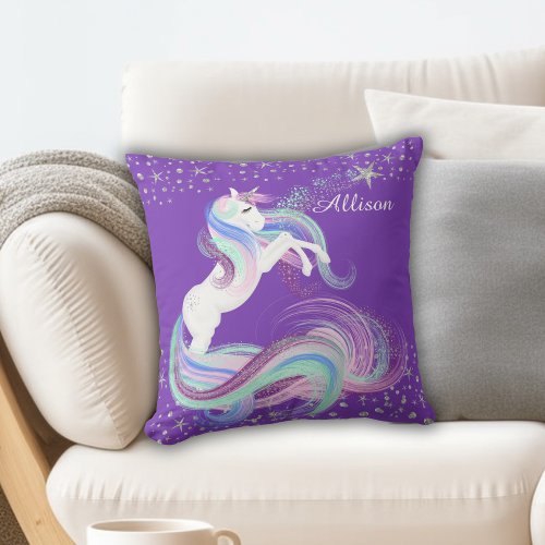Silver Stars Sparkle Unicorn Throw Pillow