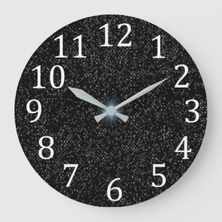 Silver Stars Speckles on Black White Numbers Clock
