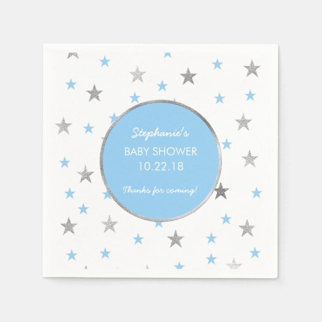 Silver Stars Twinkle Baby Shower decor, blue boy Napkins (Front)