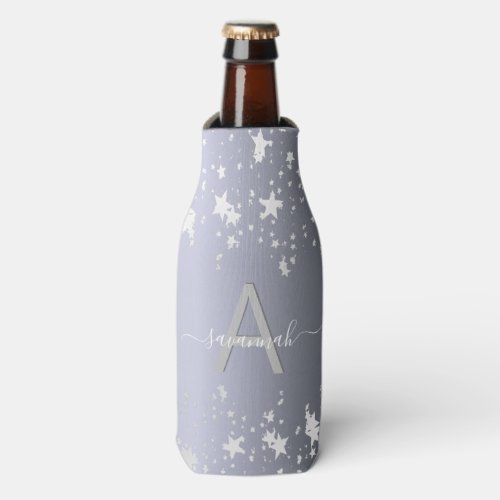 Silver stars white party monogram name bottle cooler