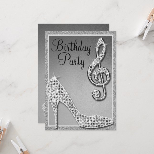 Silver Stiletto & Treble Clef Birthday Invitation (Front/Back In Situ)