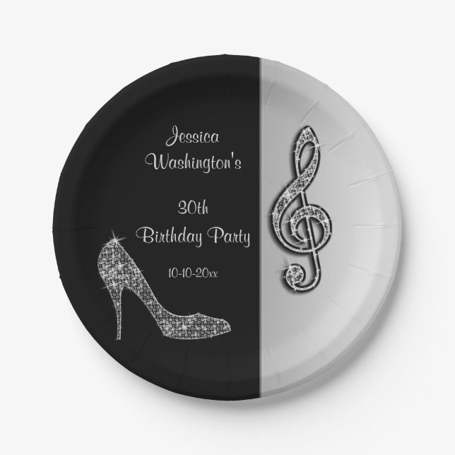 Silver Stiletto & Treble Cleft Birthday Paper Plates (Front)
