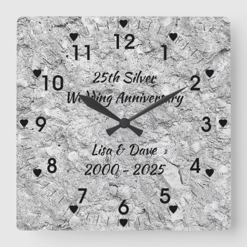 Silver Stone 25th Silver Wedding Anniversary Square Wall Clock