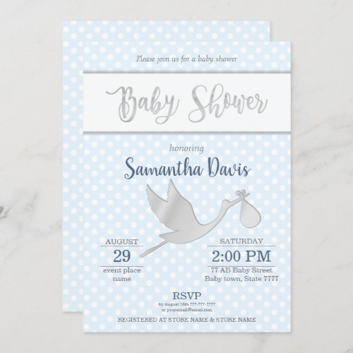Silver Stork Baby Boy Baby Shower Invitation