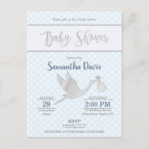 Silver Stork Baby Boy Baby Shower Invitation Postcard