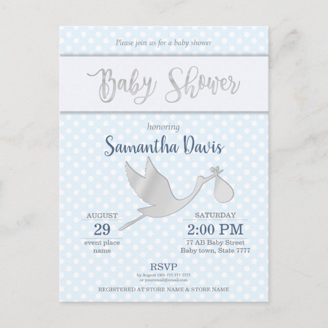 Silver Stork Baby Boy Baby Shower Invitation Postcard (Front)