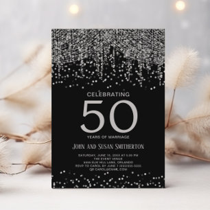 Silver String Light Glitter Black 50th Anniversary Invitation