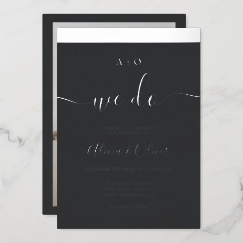 Silver stripe initials gray photo wedding foil invitation