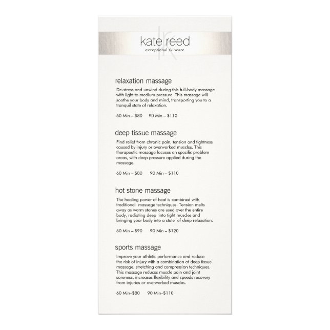 Silver Stripe Monogram Salon Spa Service Menu (Front)