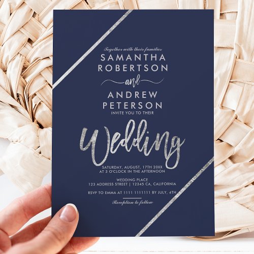 Silver stripe typography navy blue wedding invitation