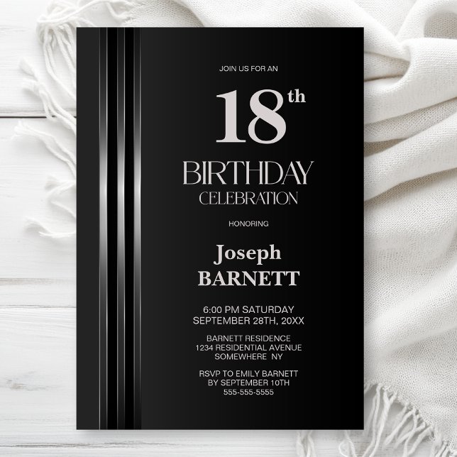 Silver Striped Black Grey 18th Birthday Party Invitation (Creator Uploaded)