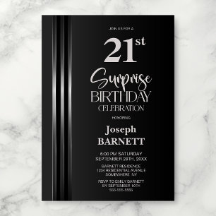 Silver Striped Black Grey 21st Surprise Birthday Invitation