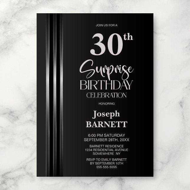 Silver Striped Black Grey 30th Surprise Birthday Invitation (Creator Uploaded)