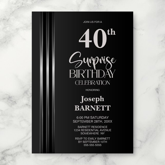 Silver Striped Black Grey 40th Surprise Birthday Invitation (Creator Uploaded)