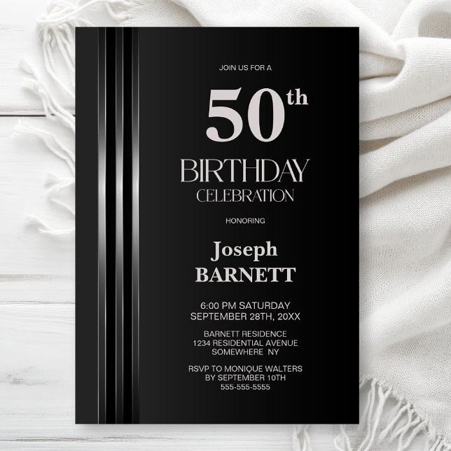 Silver Striped Black Grey 50th Birthday Party Invitation (Creator Uploaded)