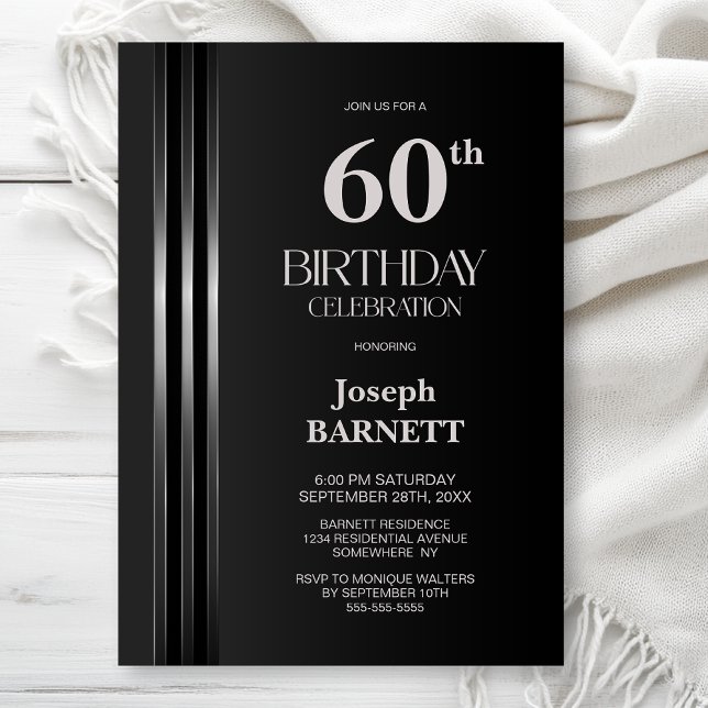 Silver Striped Black Grey 60th Birthday Party Invitation (Creator Uploaded)