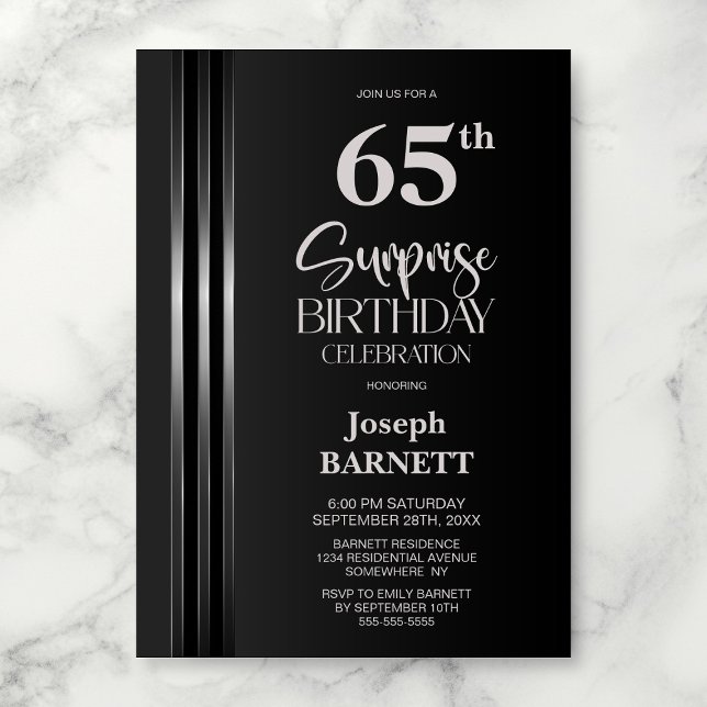 Silver Striped Black Grey 65th Surprise Birthday Invitation (Creator Uploaded)