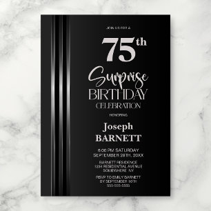 Silver Striped Black Grey 75th Surprise Birthday Invitation