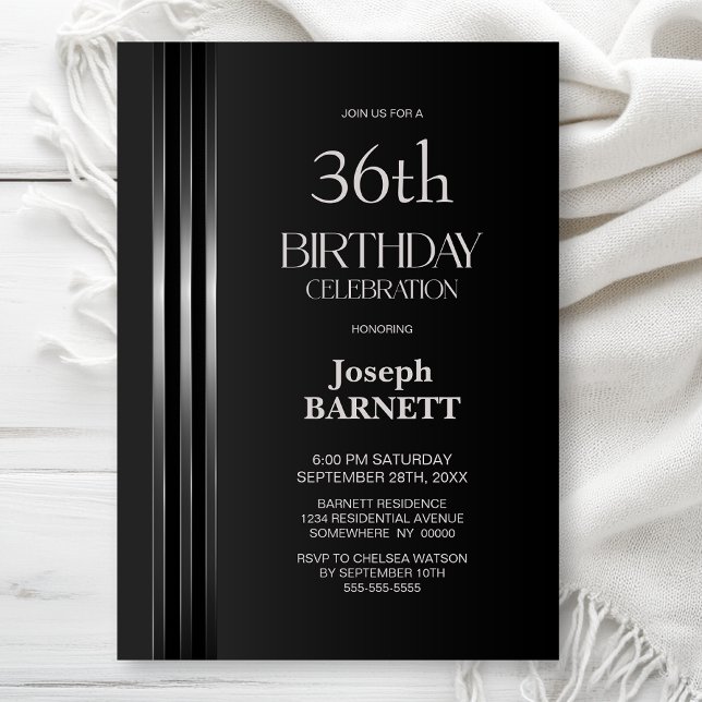 Silver Striped Black Grey Any Age Birthday Party Invitation (Creator Uploaded)