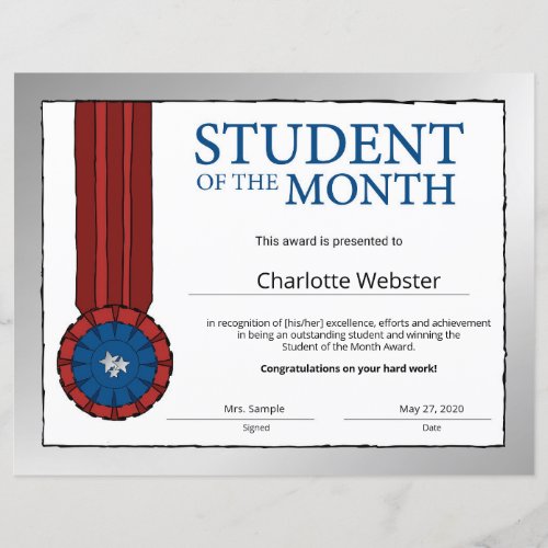 Silver Student of the Month Award HonorCertificate