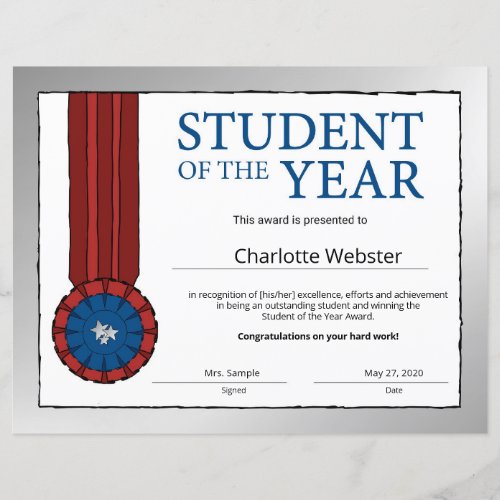 Silver Student of the Year Award Honor Certificate