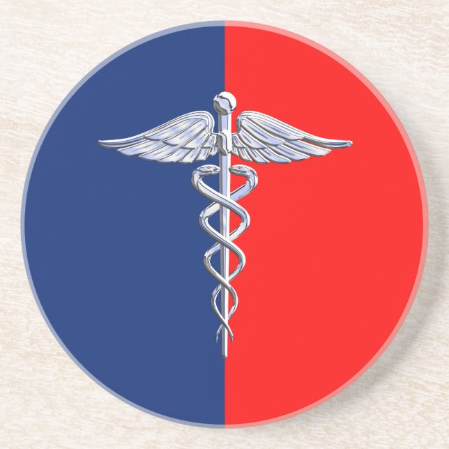 Silver Style Caduceus Medical Symbol League Sandstone Coaster (Front)