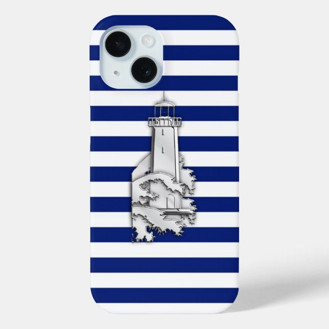 Silver Style Lighthouse on Blue Nautical Stripes Case-Mate iPhone Case (Back)