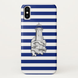 Silver Style Lighthouse on Blue Nautical Stripes iPhone XS Case