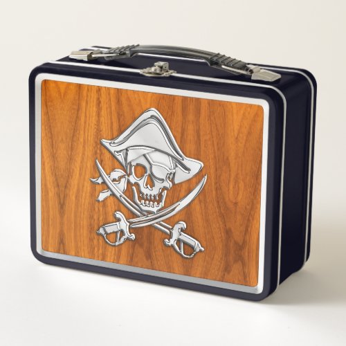 Silver Style Pirate on Teak Veneer Metal Lunch Box