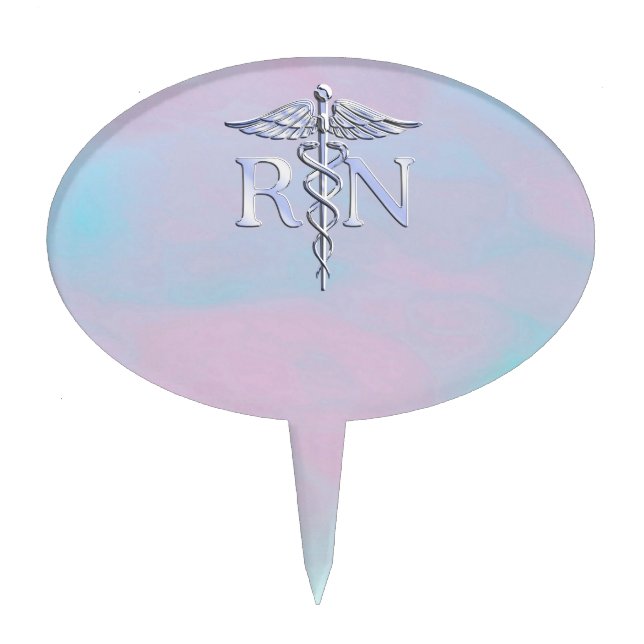 Silver Style RN Caduceus Medical Mother Pearl Cake Topper (Front)
