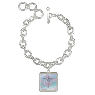 Silver Style RN Caduceus Medical Mother Pearl Charm Bracelet