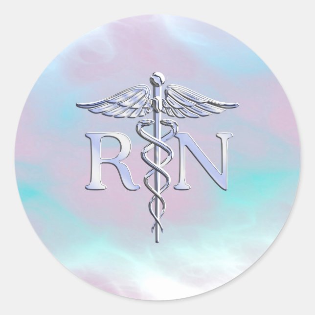 Silver Style RN Caduceus Medical Mother Pearl Classic Round Sticker (Front)