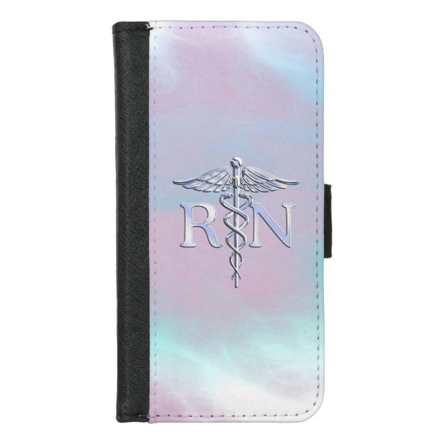 Silver Style RN Caduceus Medical Mother Pearl iPhone Wallet Case (Front)
