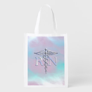 Silver Style RN Caduceus Medical Mother Pearl Reusable Grocery Bag