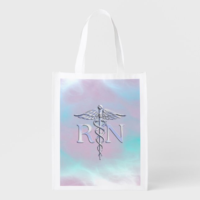 Silver Style RN Caduceus Medical Mother Pearl Reusable Grocery Bag (Front)