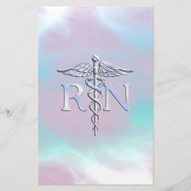 Silver Style RN Caduceus Medical Mother Pearl Stationery (Front)