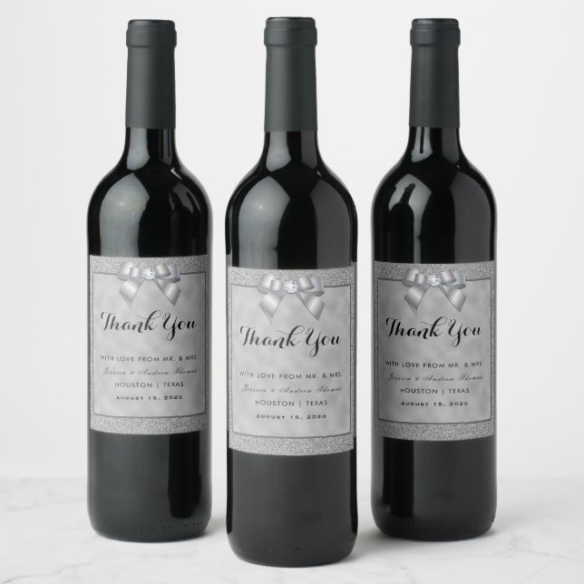 Silver & Stylish Glitter Wedding Favor Wine Label (Bottles)